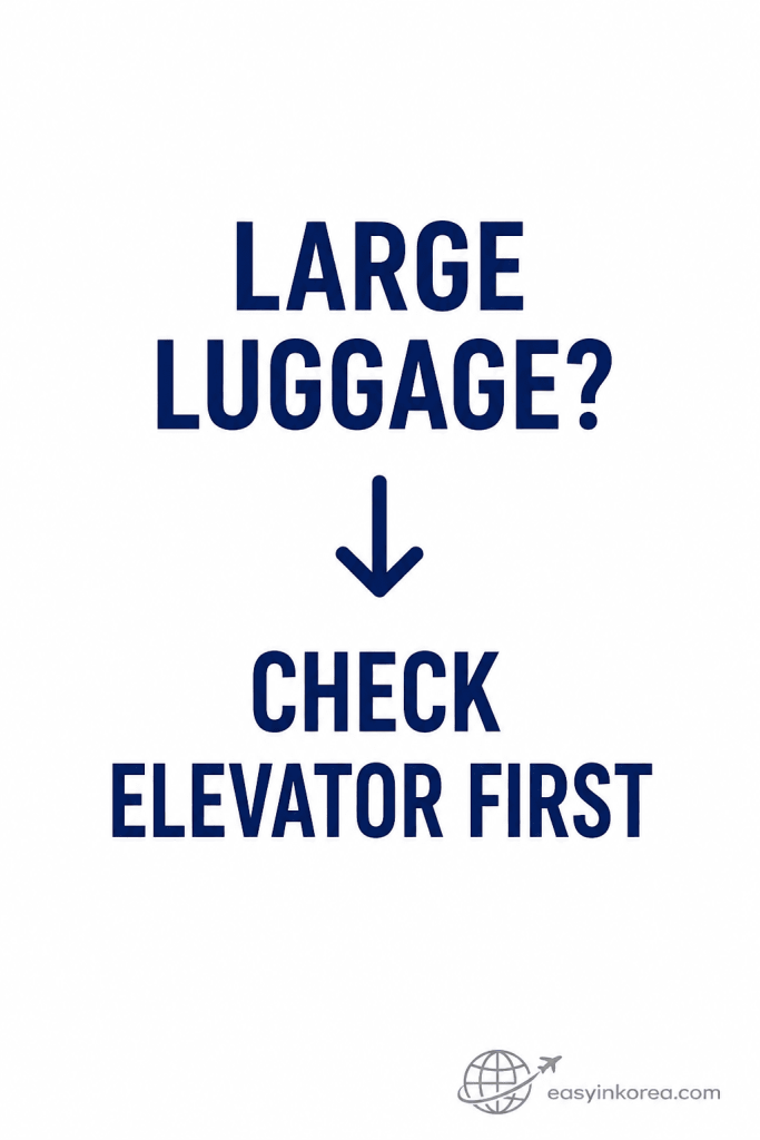 Dongdaemun Station luggage guide showing travelers with large suitcases to check the elevator route before choosing an exit in Seoul.