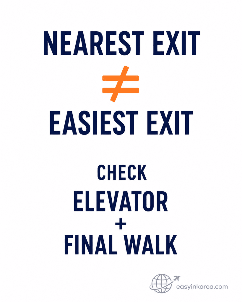 Dongdaemun Station exit comparison showing that the nearest exit may not be the easiest when travelers need an elevator and a practical final walking route.