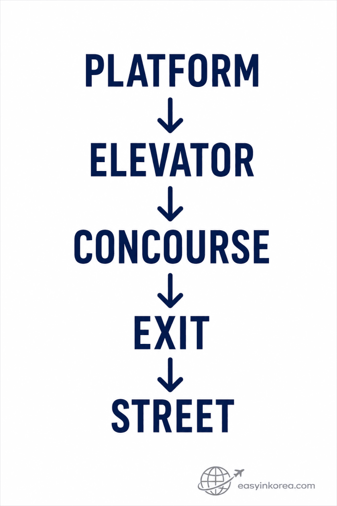 Dongdaemun Station step-by-step route showing platform, elevator, concourse, exit, and street for travelers navigating the Seoul subway.