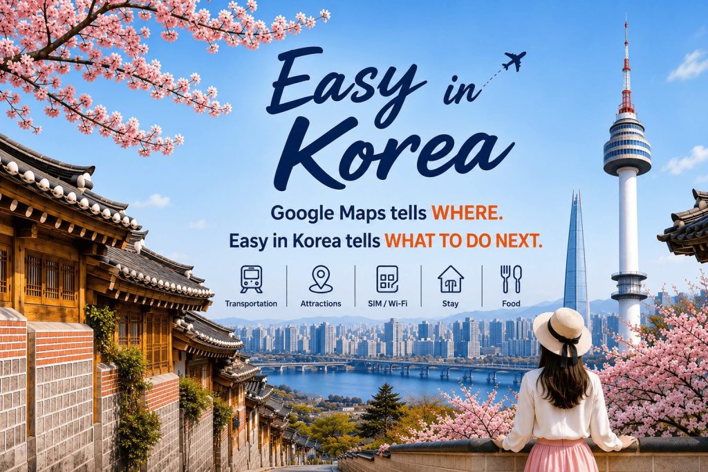 Easy in Korea homepage hero image showing Seoul landmarks, traditional hanok houses, cherry blossoms, and practical travel guidance for international visitors.