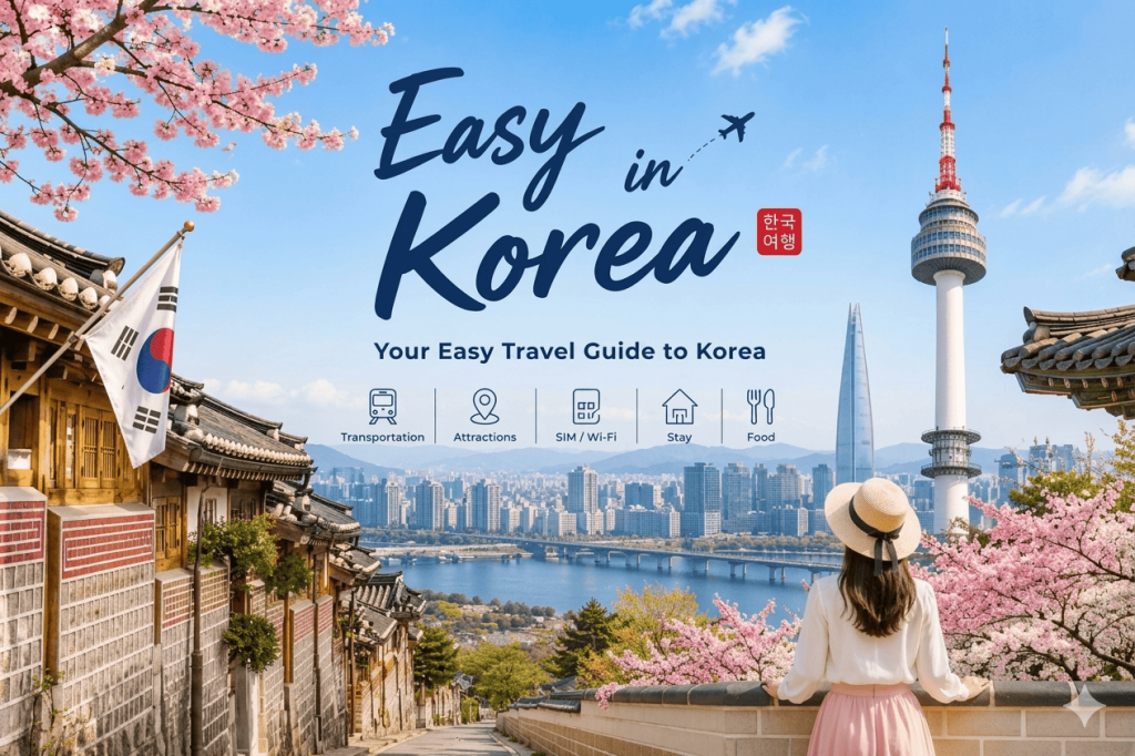 An illustrative travel guide banner for South Korea featuring a woman overlooking Seoul cityscape with cherry blossoms Namsan Tower and traditional Hanok village houses