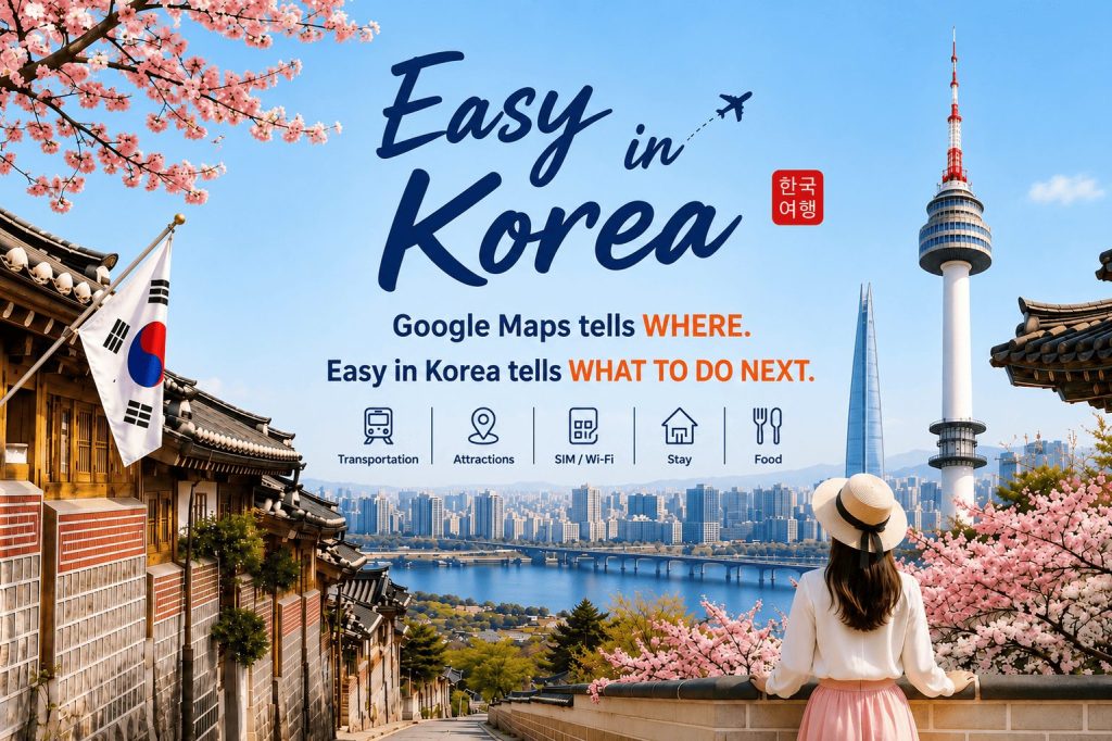 Easy in Korea homepage hero image showing Seoul landmarks, traditional hanok houses, cherry blossoms, and practical travel guidance for international visitors.