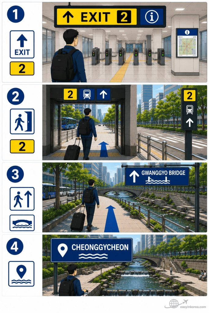 Euljiro 1-ga Station Guide showing Exit 2, Gwanggyo Bridge, and the route to Cheonggyecheon Stream