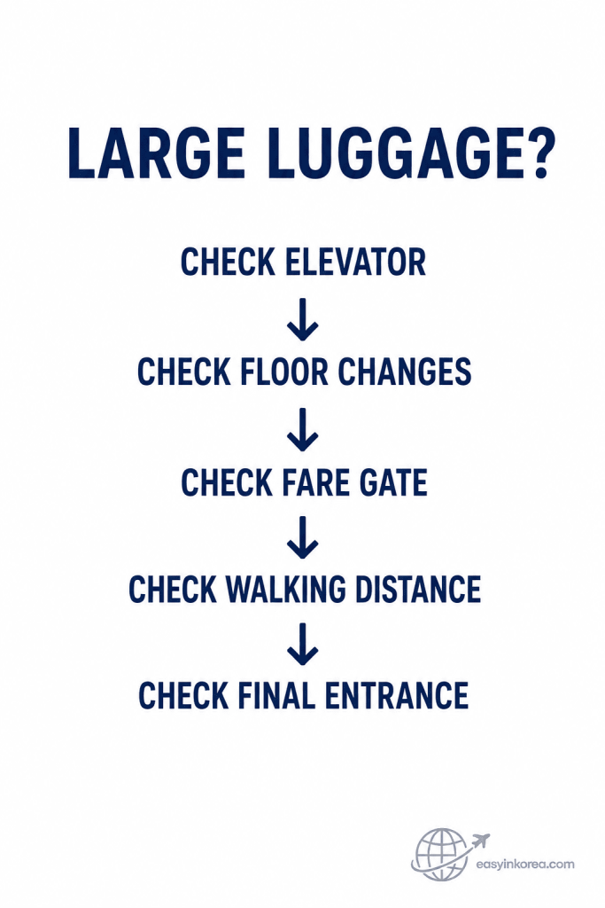 Euljiro 1-ga Station Guide showing large luggage checks for the elevator, floor changes, fare gate, walking distance, and final entrance.