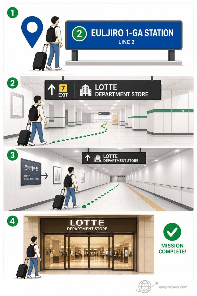 Euljiro 1-ga Station Guide showing the underground route from Exit 7 to Lotte Department Store Main Store in Seoul.