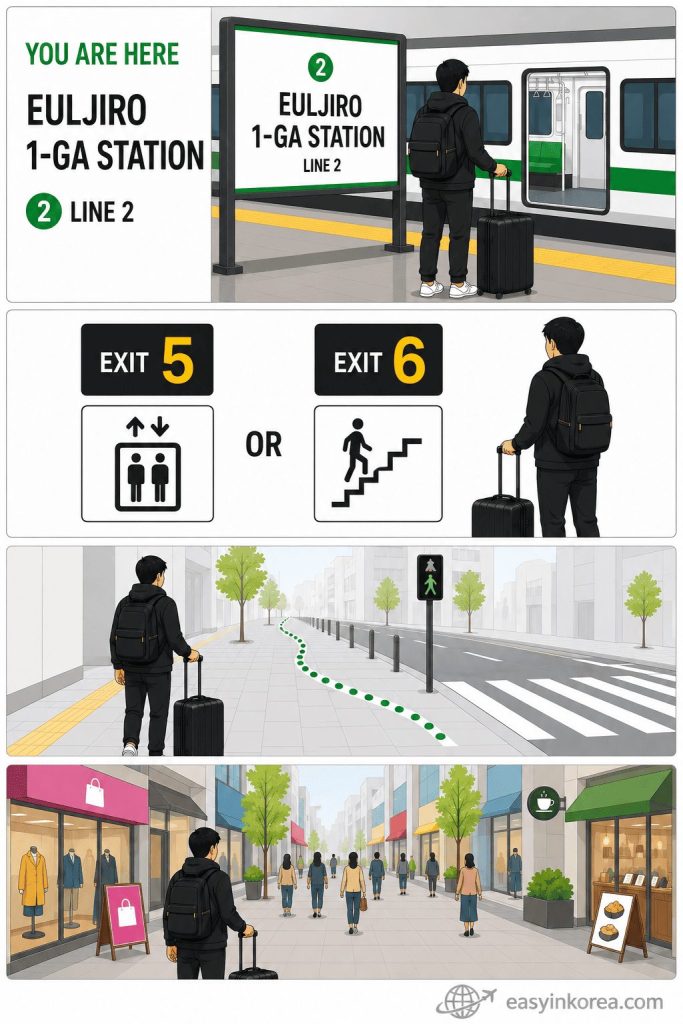 Euljiro 1-ga Station Guide showing Exit 5 or Exit 6 and the walking route to Myeongdong Shopping Street