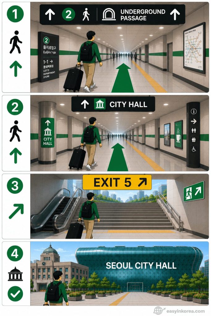 Euljiro 1-ga Station Guide showing the underground passage to City Hall Station Exit 5 and Seoul City Hall