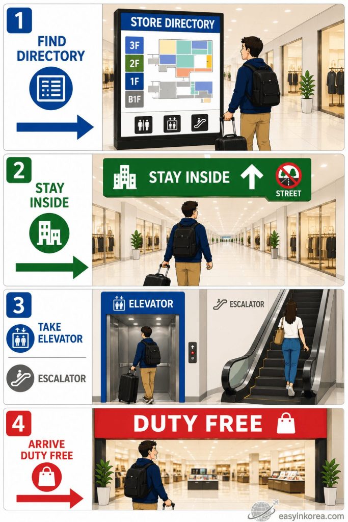 Euljiro 1-ga Station Guide showing the step-by-step indoor route from Lotte Department Store Main Store to Lotte Duty Free using the store directory, indoor corridor, and elevator.