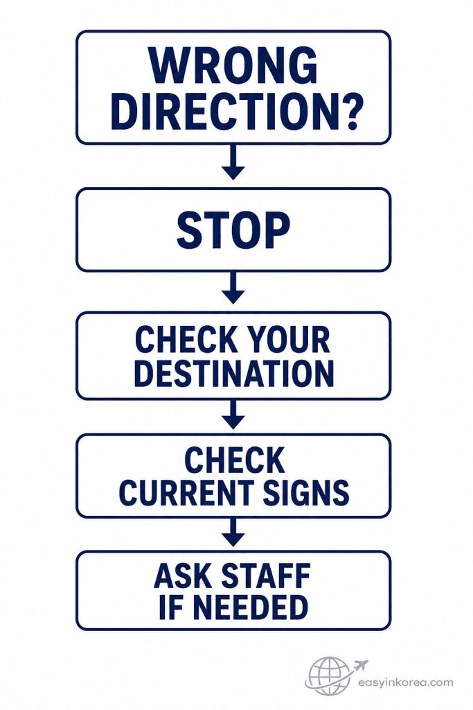 Express Bus Terminal Station Exit Guide showing what to do after choosing the wrong direction: stop, check your destination, follow current signs, and ask staff if needed