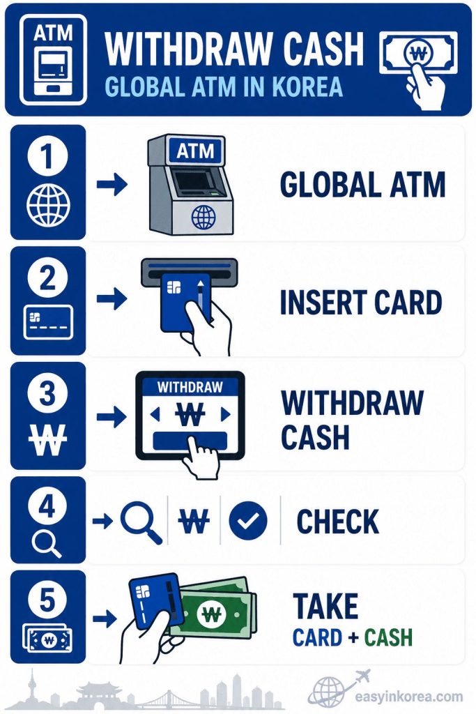 Global ATM and Cash Withdrawal Problems guide showing how international travelers can withdraw Korean won and recover from common ATM issues