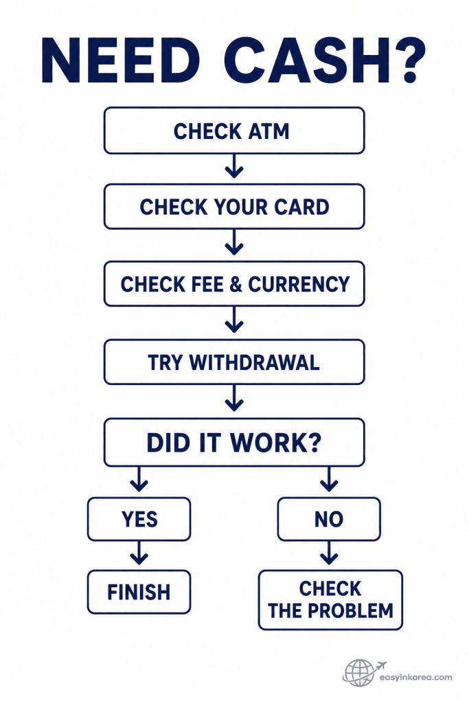 ATM cash withdrawal decision flow in Korea showing card, fee, currency, withdrawal, and problem checks