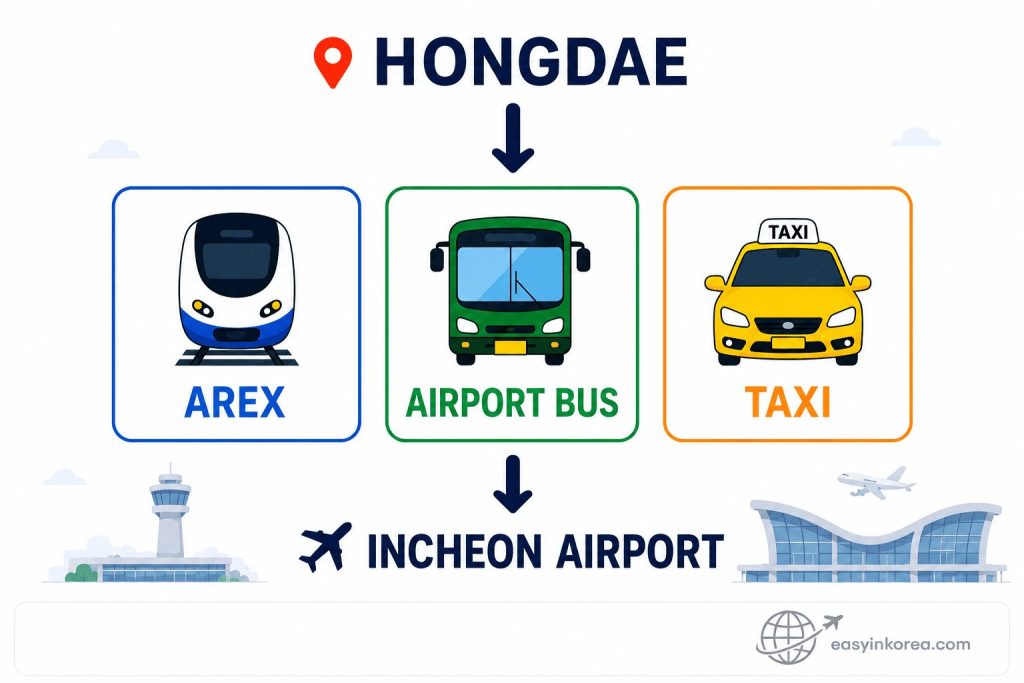 Hongdae to Incheon Airport route options showing the direct AREX All Stop Train, airport bus, and taxi