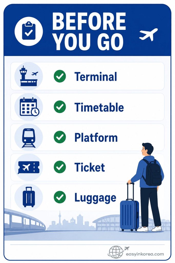 Hongdae to Incheon Airport before-you-go checklist for terminal, timetable, platform, ticket, and luggage