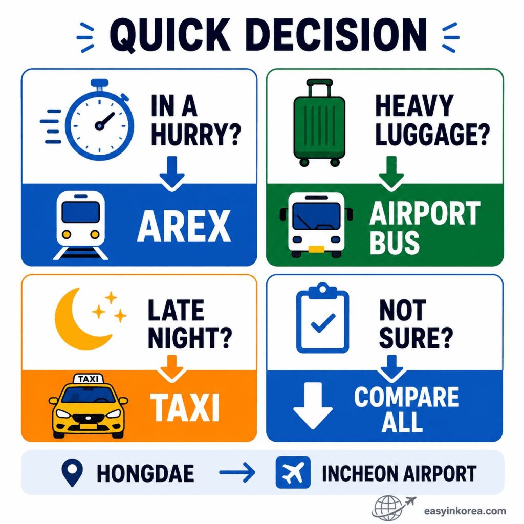 Hongdae to Incheon Airport quick decision guide comparing AREX, airport bus, and taxi by travel situation