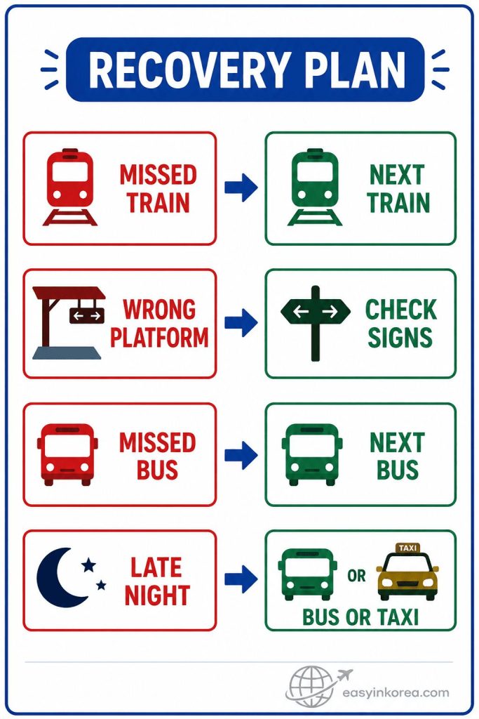 Hongdae to Incheon Airport recovery plan for missed train, wrong platform, missed bus, and late-night transportation