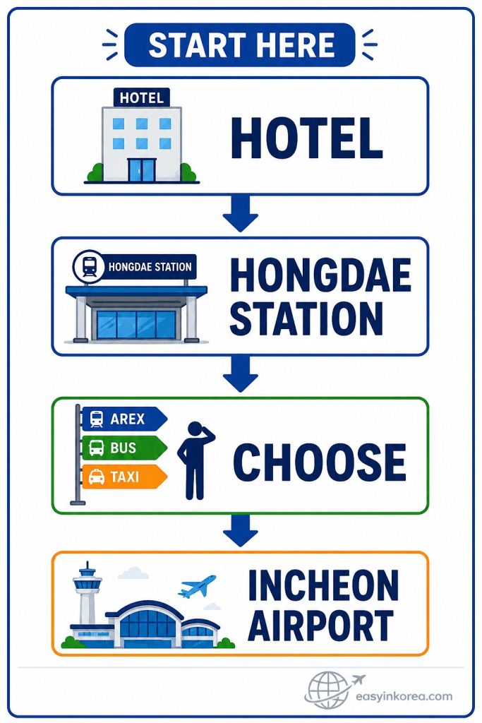 Hongdae to Incheon Airport process flow from hotel to Hongdae Station, transportation choice, and airport arrival