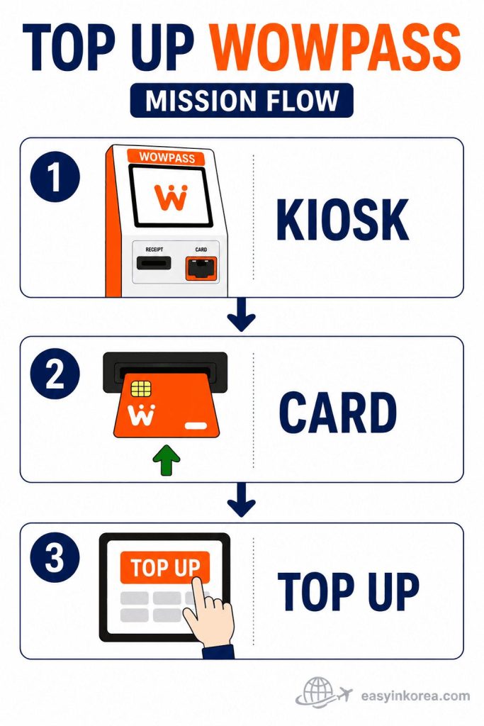 How to Top Up WOWPASS mission flow showing kiosk, card insertion, and Top Up selection