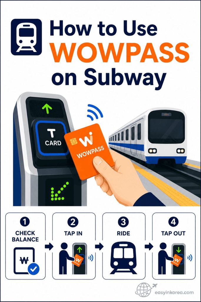 How to Use WOWPASS on Subway with four steps: check the transport balance, tap in, ride the train, and tap out in Korea