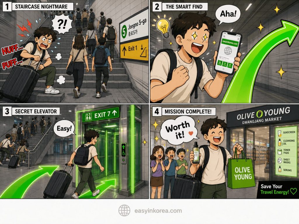 How to Visit Olive Young Gwangjang Market: A 2x2 grid storytelling informational comic strip showcasing an international traveler bypassing the stairs at Jongno 5-ga station to reach the storefront flat. Master the exact Olive Young Gwangjang Market navigation tactics and explore the best skin cosmetics showcase inside this premium Olive Young Gwangjang Market retail hub smoothly.