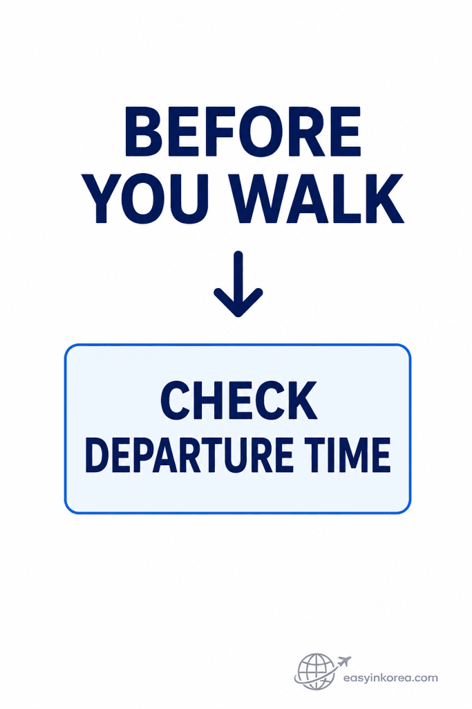 Incheon Airport midnight bus guide showing travelers to check the current departure time before walking to the late-night bus stop.