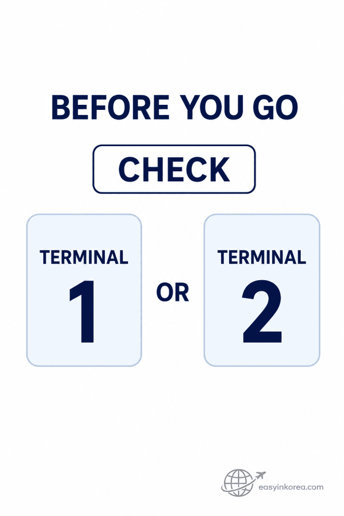 Incheon Airport midnight bus terminal check showing travelers to confirm Terminal 1 or Terminal 2 before choosing a late-night bus.