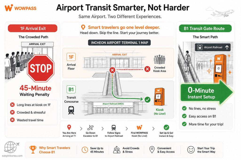 Incheon Airport WOWPASS Kiosk Guide: An infrastructure layout map of Incheon Airport Terminal 1 showing the route from the crowded 1F arrival floor to the quiet B1 floor transit concourse WOWPASS kiosk next to the Airport Railroad.
