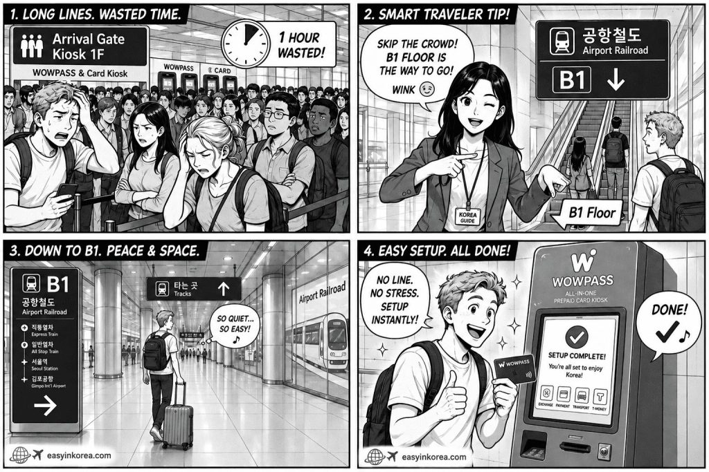 Incheon Airport WOWPASS Kiosk Guide: A 4-panel chronological travel webcomic guide showing how to avoid long kiosk lines at Incheon Airport 1F arrival gate by heading down to the quiet WOWPASS kiosk at B1 Airport Railroad station.
