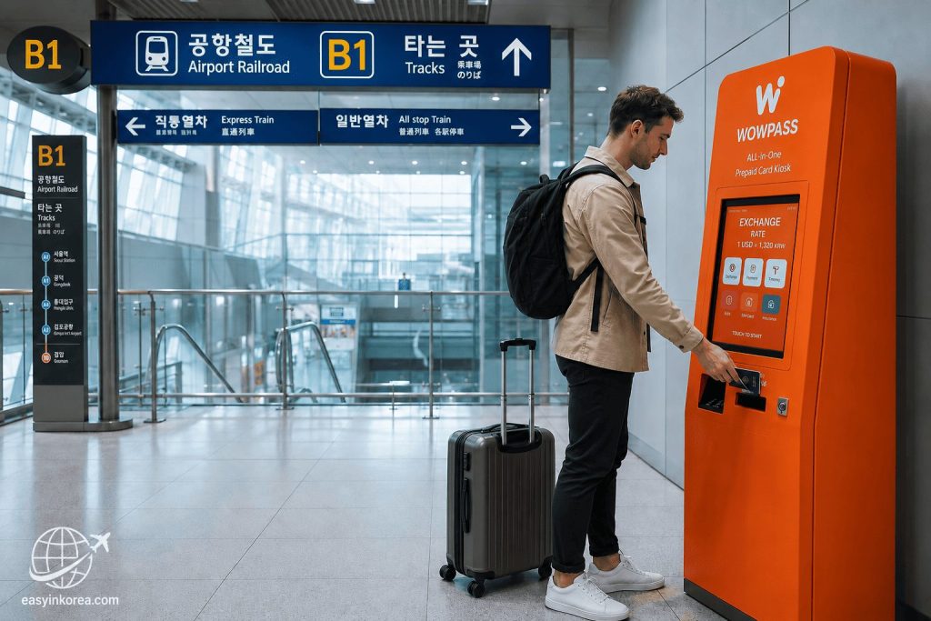 Incheon Airport WOWPASS Kiosk Guide: A male tourist using an orange WOWPASS kiosk to issue an all-in-one prepaid card at the Incheon Airport Railroad B1 terminal before boarding the express train to Seoul.
