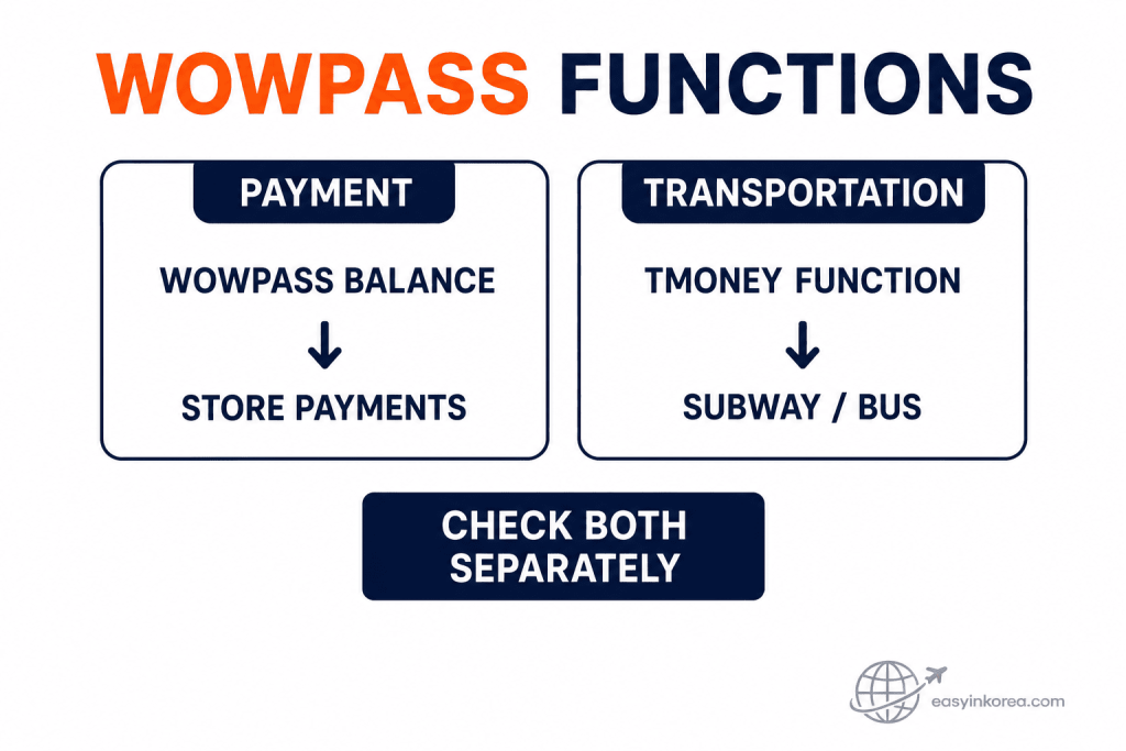 WOWPASS function map showing WOWPASS balance for store payments and Tmoney function for subway and bus
