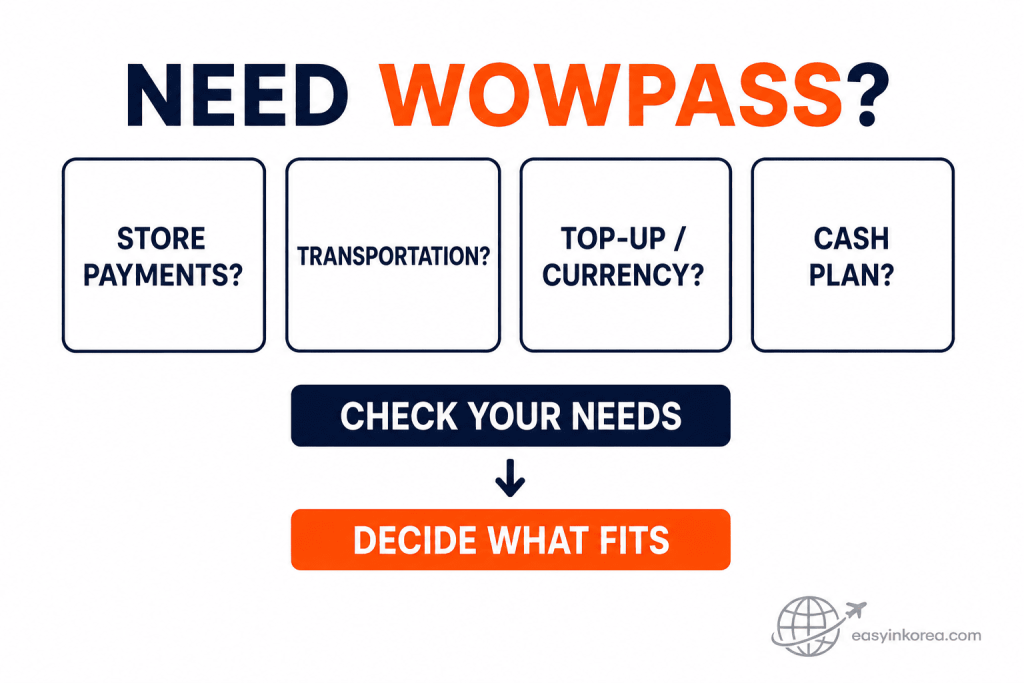 WOWPASS decision chart for store payments, transportation, top-up or currency, and cash planning in Korea