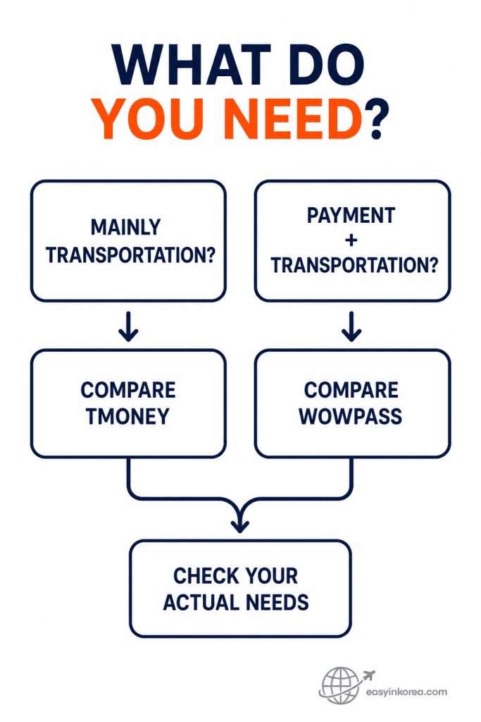 WOWPASS vs Tmoney decision chart comparing transportation needs with payment plus transportation needs in Korea