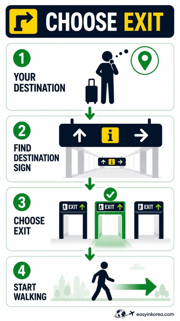 Jamsil Station Guide showing how to choose the correct exit by following destination signs before leaving the station.
