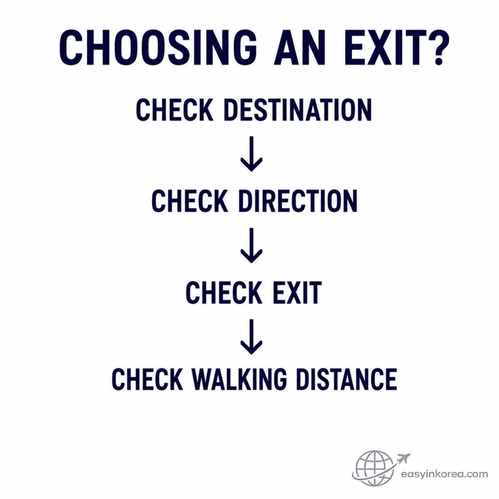 Jamsil Station Guide showing how to choose an exit by checking the destination, direction, exit, and walking distance.