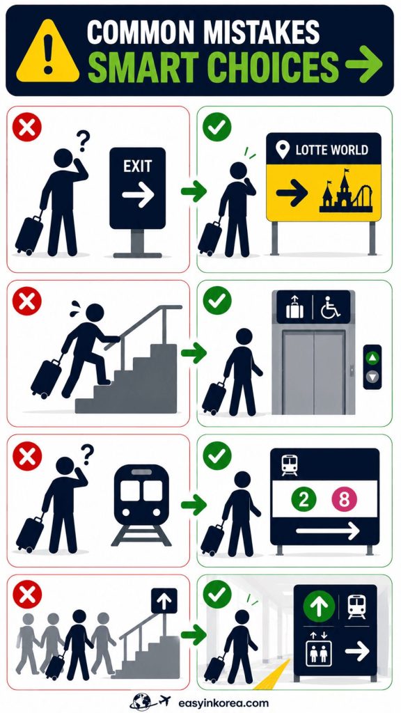 Jamsil Station Guide infographic showing common travel mistakes and smart choices, including checking your destination, using elevators, confirming the correct subway line, and following official station signs.