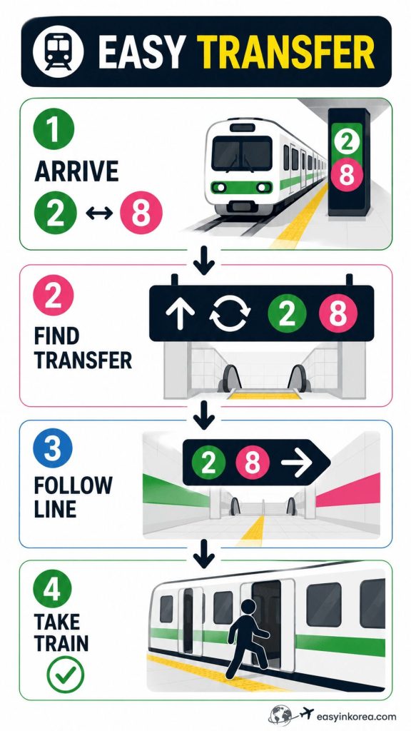 Jamsil Station Guide showing an easy subway transfer between Line 2 and Line 8 for international travelers in Seoul.