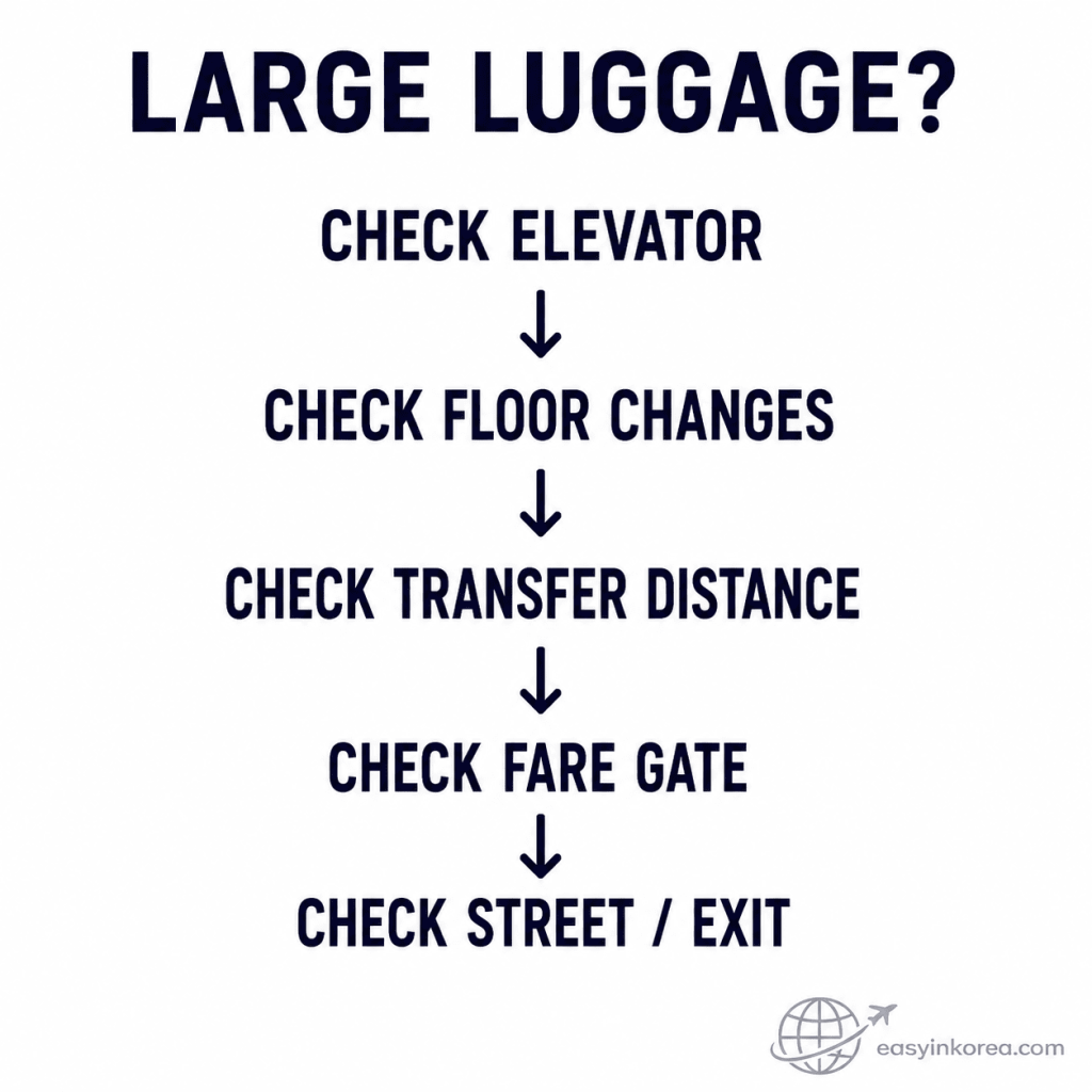 Jamsil Station Guide showing large luggage checks for elevators, floor changes, transfer distance, fare gates, and street exits.