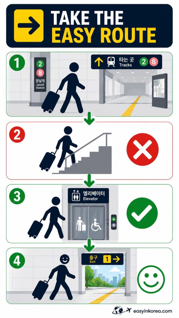 Jamsil Station Guide visual showing how travelers with luggage can avoid stairs and look for elevator and accessible-route signs.
