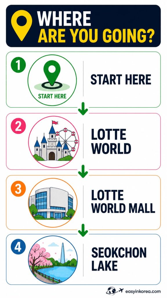 Jamsil Station Guide infographic showing the main destinations from Jamsil Station, including Lotte World, Lotte World Mall, and Seokchon Lake.