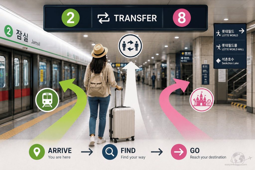 Step-free transit guide map at Jamsil Station Line 2 and Line 8 for travelers pushing a stroller and rolling luggage toward Lotte World Mall.