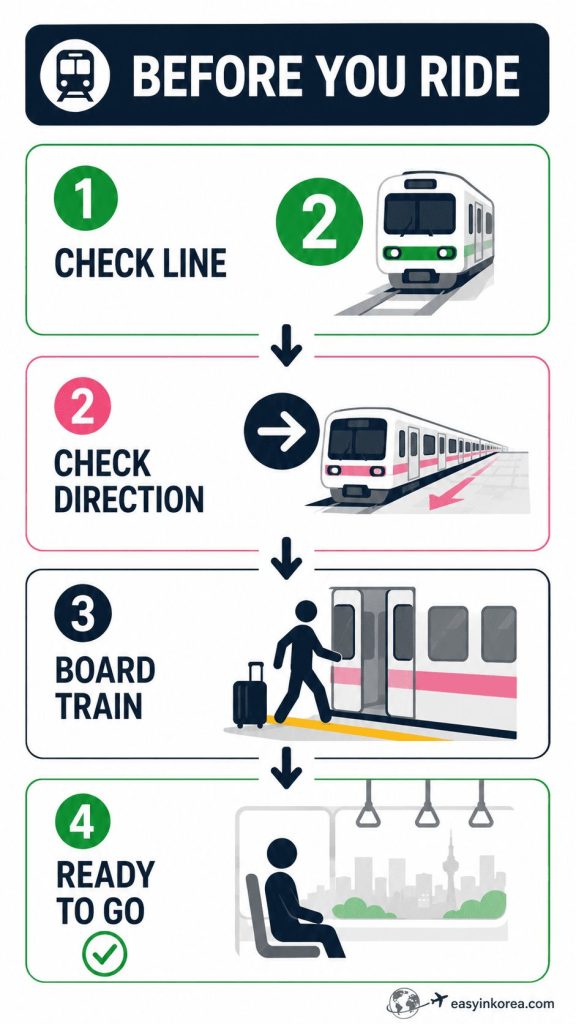 A step-by-step subway boarding checklist from the Jamsil Station Guide, demonstrating how global travelers can safely check lines and train directions before riding.