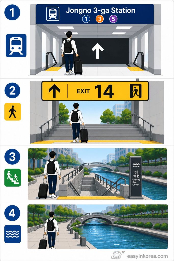 Jongno 3-ga Station Guide showing how to reach Cheonggyecheon Stream from Exit 14 with a simple step-by-step walking route.