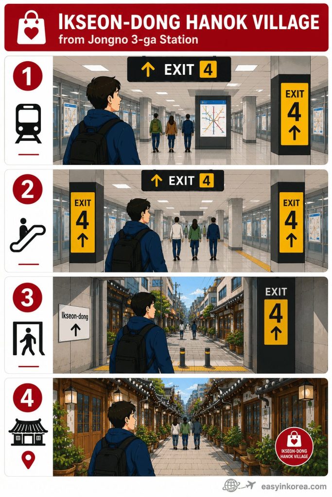 Jongno 3-ga Station Guide showing Exit 4 and the route to Ikseon-dong Hanok Village
