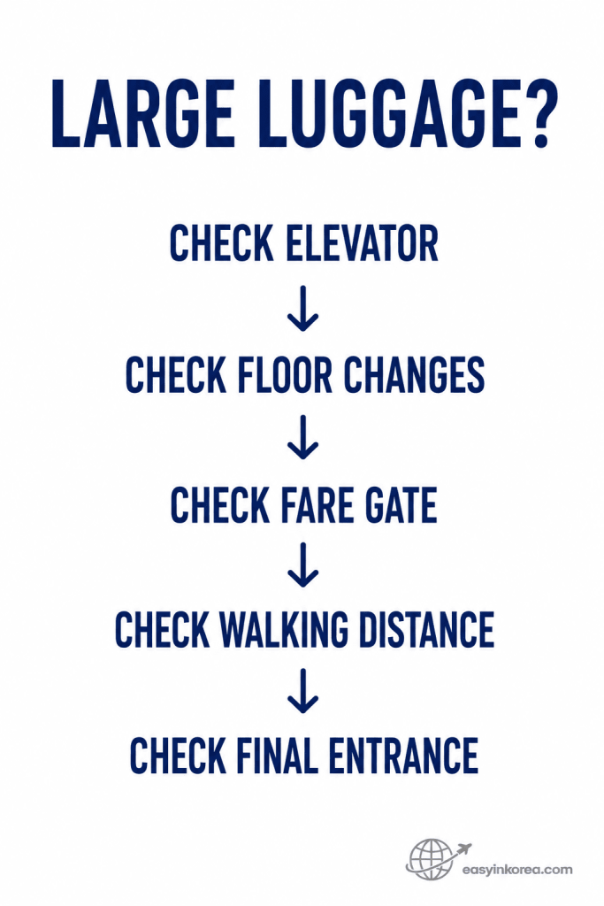 Jongno 3-ga Station Guide showing large luggage checks for the elevator, floor changes, fare gate, walking distance, and final entrance.
