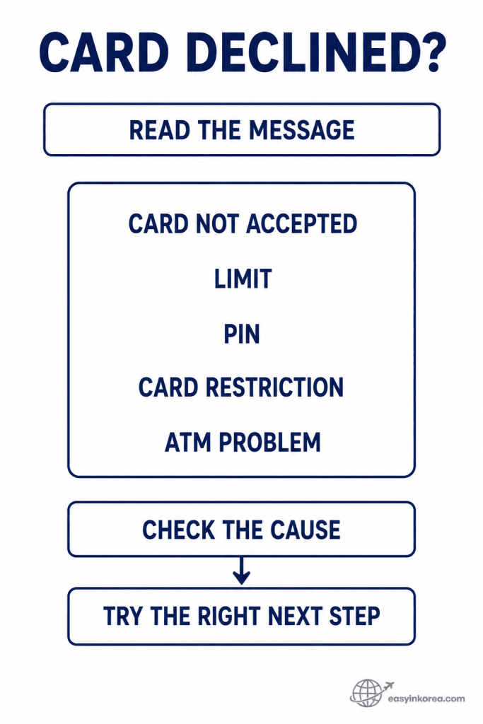 Korean ATM card declined decision guide showing card not accepted, limit, PIN, card restriction, and ATM problem checks