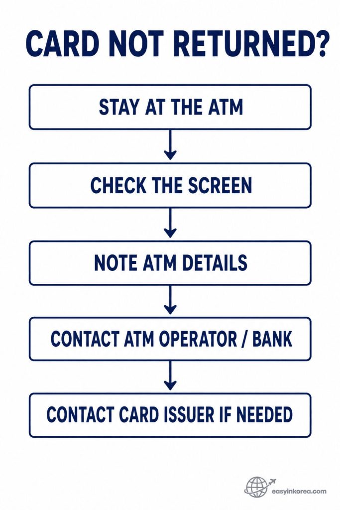 ATM card not returned in Korea guide showing stay at the ATM, check the screen, note ATM details, and contact the operator or card issuer