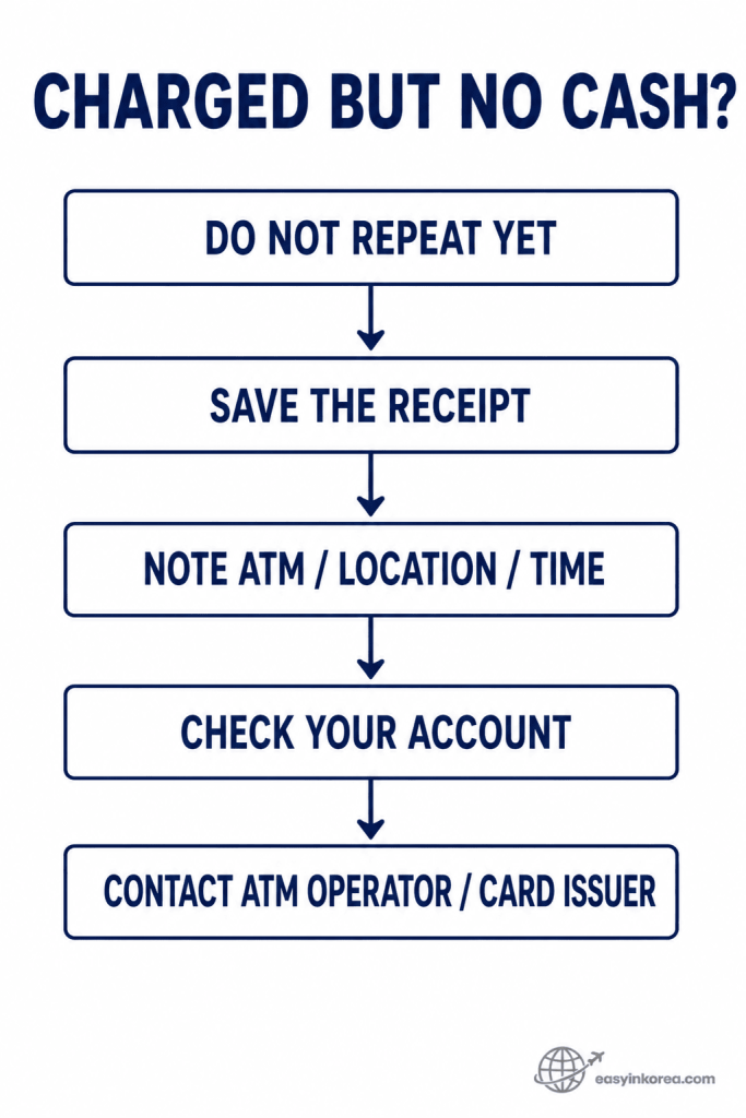 ATM charged but no cash in Korea guide showing do not repeat, save the receipt, note ATM details, check the account, and contact the operator or card issuer