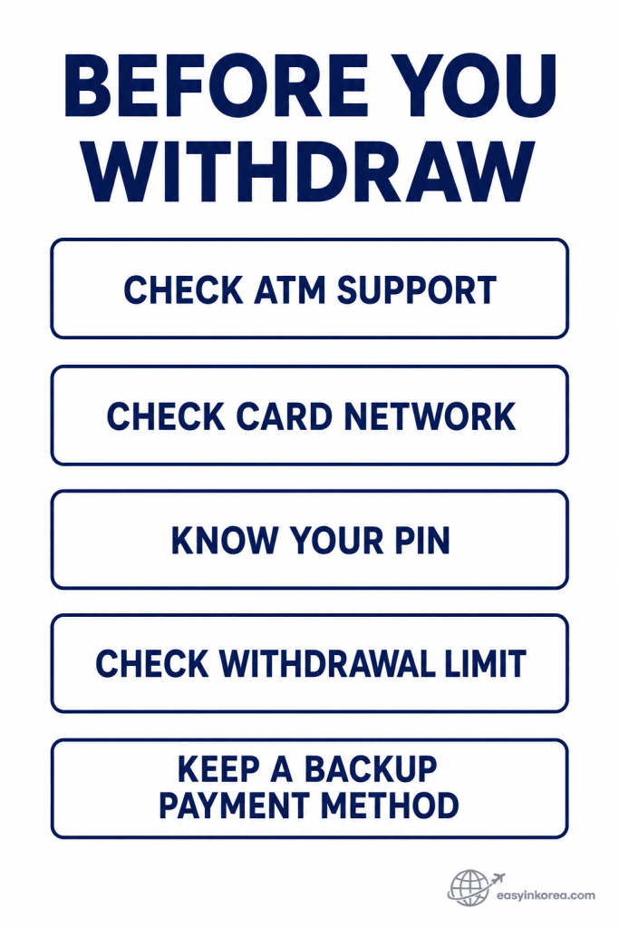 Before ATM withdrawal in Korea checklist for foreign cards showing ATM support, card network, PIN, withdrawal limit, and backup payment
