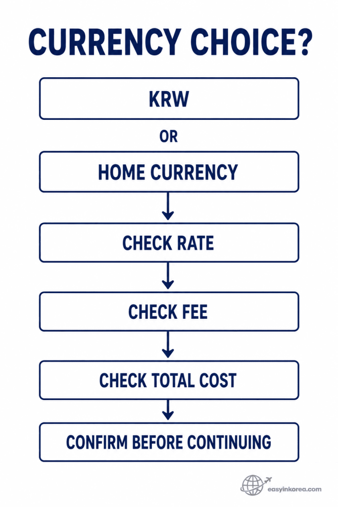 Korean ATM currency choice guide showing KRW or home currency, exchange rate, fee, total cost, and confirmation checks