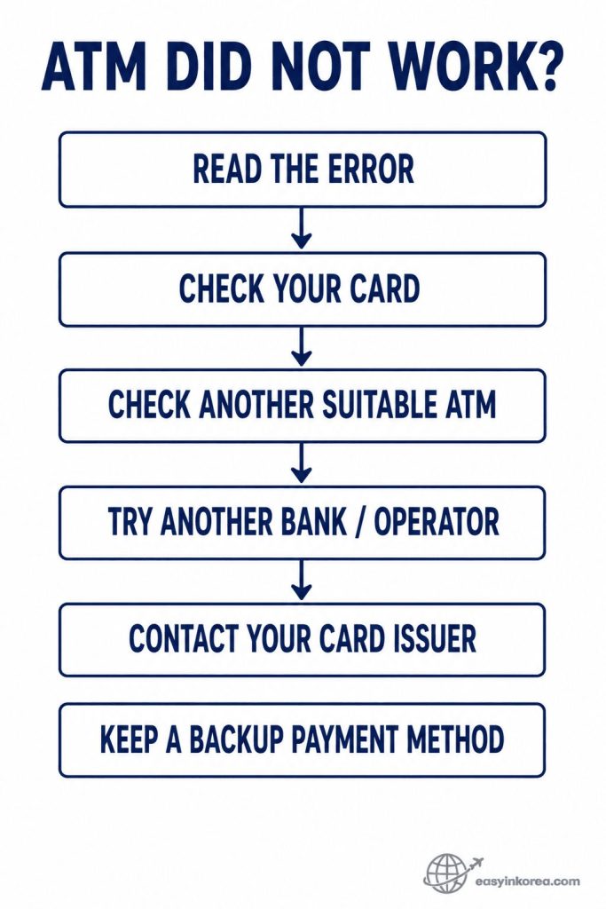 ATM not working in Korea recovery guide showing error check, card check, another suitable ATM, another bank, card issuer, and backup payment