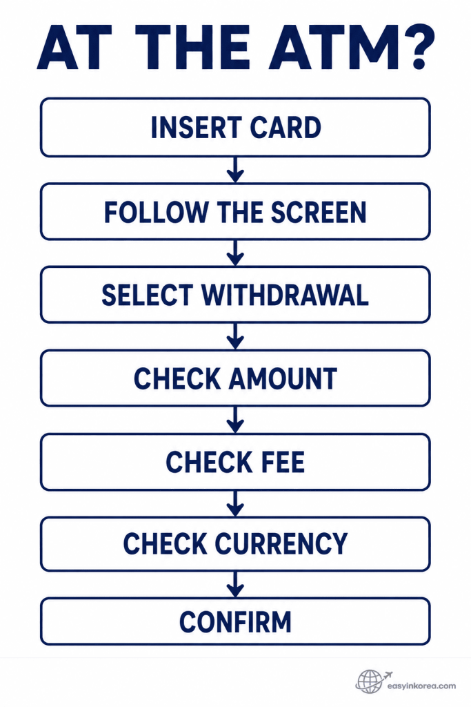 ATM withdrawal steps in Korea showing insert card, follow the screen, check amount, fee, currency, and confirm